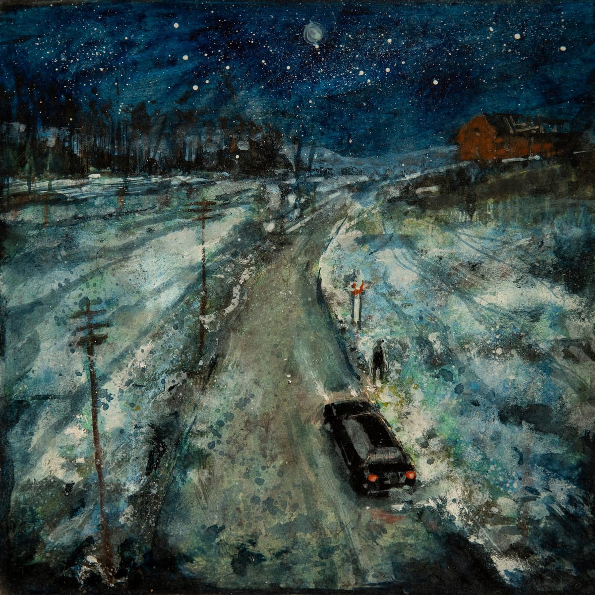 The song art for the song "A Cross on a Gravel Road" by The Okay Lakes. An original painting by David Bez
