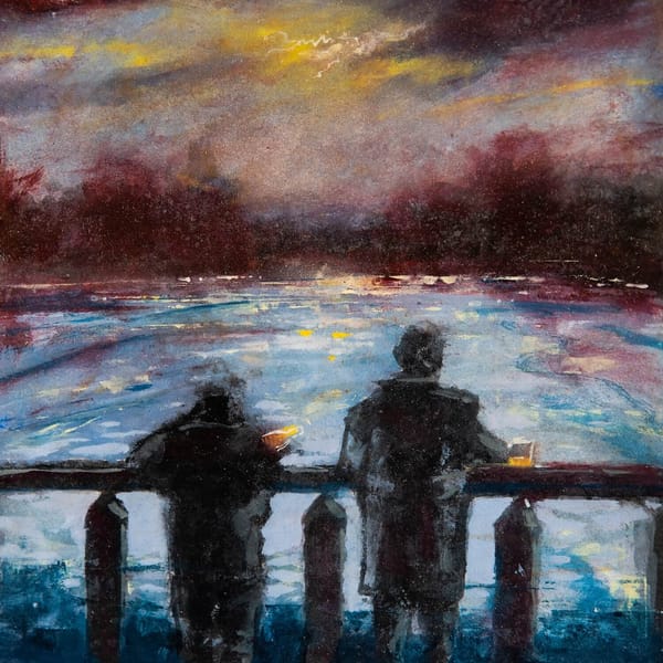 The song art for "Till the End Time Begins" from the album Redshift by The Okay Lakes. An original painting by David Bez.