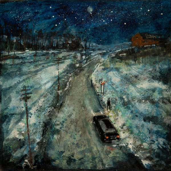 The song art for the song "A Cross on a Gravel Road" by The Okay Lakes. An original painting by David Bez