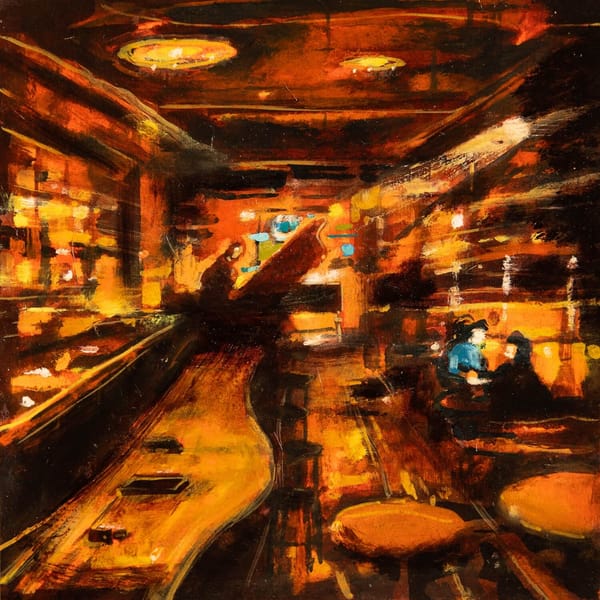 The song art for the song "A Trusty Lie" from the album Redshift by The Okay Lakes. An original painting by David Bez.